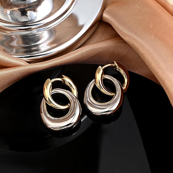 14K Gold Plated and Silver Hoop Earrings for Women Two Tone Mixed Metal Huggie Hoop Earrings for Daily