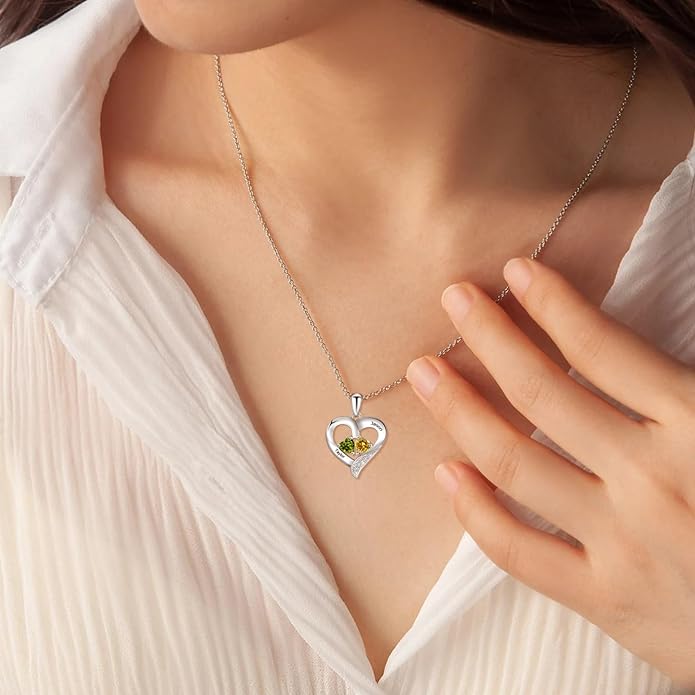 JOBFLY S925 Sterling Silver Customized 2 Birthstone Heart Necklace with 2 Name Engraved Personalized Mother Daughter Necklace Couple Jewelry Christmas Birthday Gift