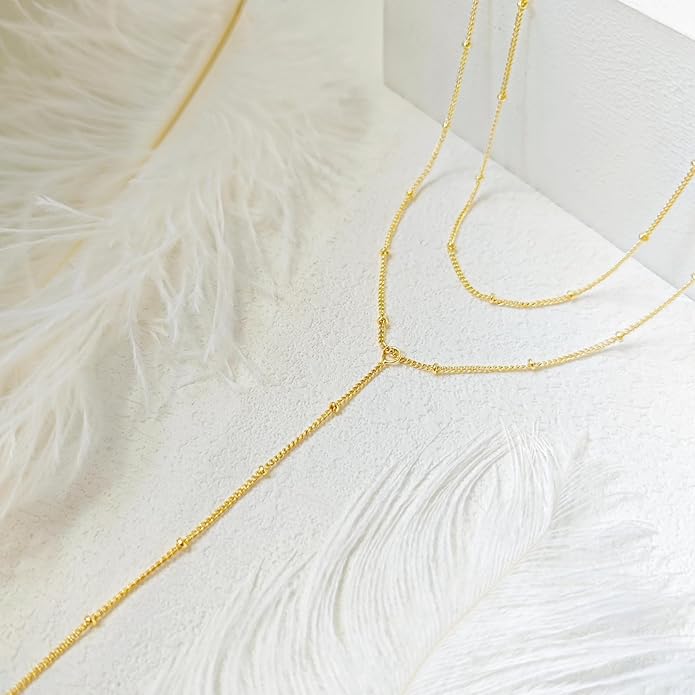 Lariat Gold Necklace for Women, Dainty Long Necklace 14k Gold Plated/Silver Y-Shaped Layered Beaded Chain Drop Necklaces for Women Trendy Simple Gold Jewelry for Women Gifts