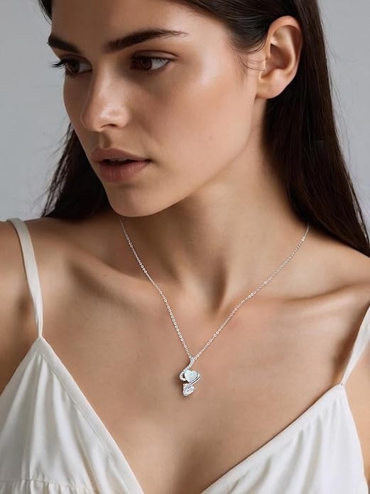 LOUISA SECRET 925 Sterling Silver Opal Birthstone Necklace, Unique Tiny Double Heart Pendant Jewelry, Engraved with "S925 I Love You" Best Birthday Gift for Women Wife Girlfriend Mom Her, Christmas Day Valentine's Day Anniversary Mother's Day