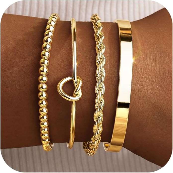 Silver Bracelets for Women Stack, Silver or Gold Plated Cuff Bangle Set, Trendy Silver Jewelry for Women Fashion