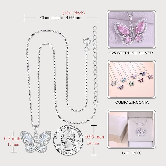 STARCHENIE Butterfly Pendant Necklace for Women 925 Sterling Silver Birthstone Butterfly Jewelry Gifts