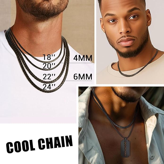 PROSTEEL Stylish Stainless Steel Round Link Chain Necklace for Men, 2mm/4mm/6mm/8mm. Silver/Gold/Black Tone, Hypoallergenic Jewelry, 14"-30", Come with Box