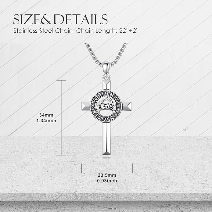 MEIDERBO Cross Zodiac Necklace 925 Sterling Silver 12 Constellation Horoscope Astrology Pendant Necklace Zodiac Sign Jewelry Gifts for Men Women