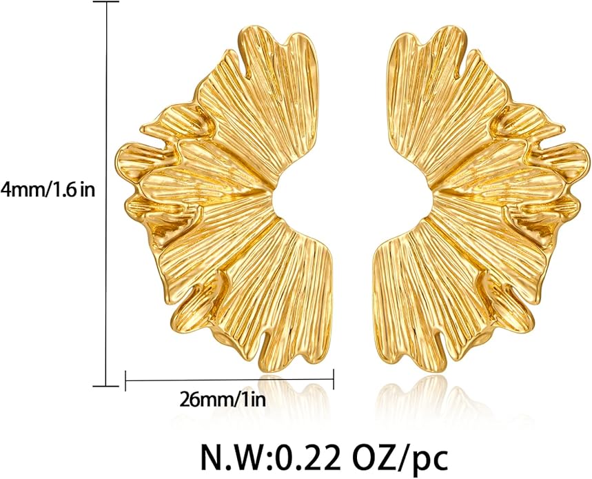 Chunky Gold Statement Earrings For Women Gold Plated Sectored Flower Leaf Shell Angel Wing Earrings Large Stud Earrings Hypoallergenic Earrings