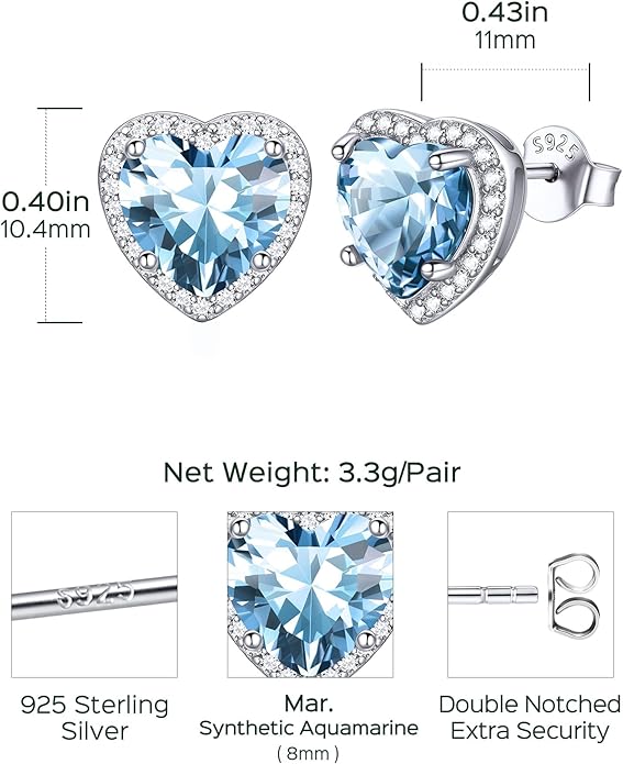 ChicSilver 925 Sterling Silver Birthstone Earrings for Women, 8MM/2 Carat Heart & Round Cubic Zirconia Stud Earrings, Hypoallergenic Jewelry, Ideal Birthday or Christmas Gifts