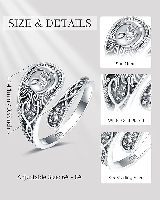 S925-Sterling-Silver Abalone Dragonfly-Turquoise Spoon Ring - Vintage Boho Sunflower Thumb Oxidized Wrap Rings Victorian Style Antique Floral Jewelry Gifts for Women