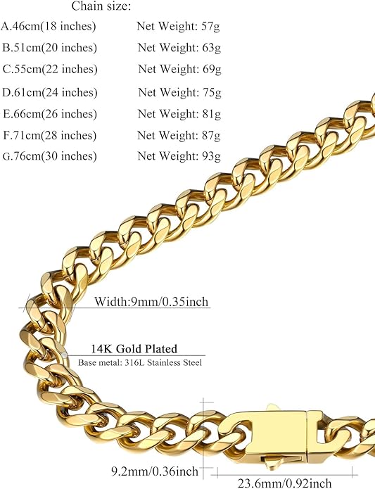 FindChic Cuban Link Chain for Men, 6/9/12mm Necklace Chain, Black/Gold Plated/Stainless Steel Necklace, Hypoallergenic & Tarnish-Proof Men's Jewelry Hip Hop Accessories, 18-30" Length Options