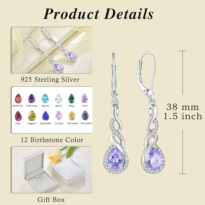 Infinity Dangle Drop Earrings for Women 925 Sterling Silver Teardrop Leverback Earrings Birthstone Jewelry Gifts for Women Wife Girlfriend Mother Daughter Her
