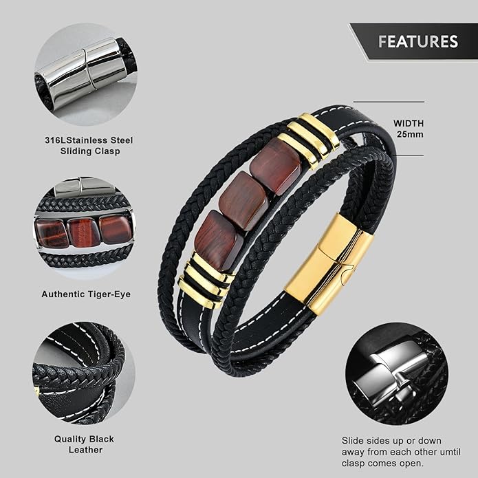 STARCHENIE Multi Strand Bracelet for Men Square Authentic Tiger Eye Black Braided Leather Mens Bracelet and Stainless Steel Buckle