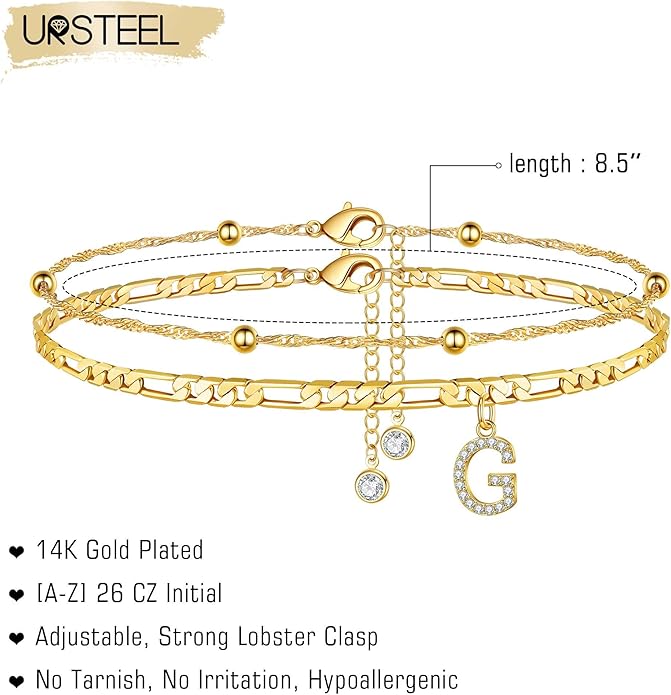Ursteel Ankle Bracelets for Women, 14K Gold Plated Dainty Layered Chain CZ Initial Anklets Summer Jewelry Gifts for Women