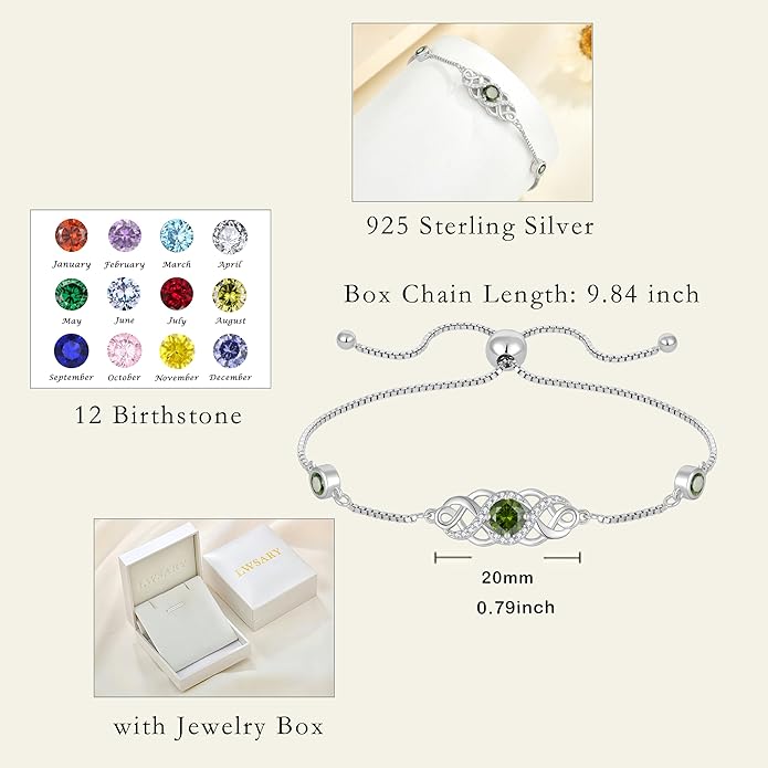 Infinity Celtic Knot Bracelet 925 Sterling Silver Birthstone Bracelet Irish Jewelry for Women