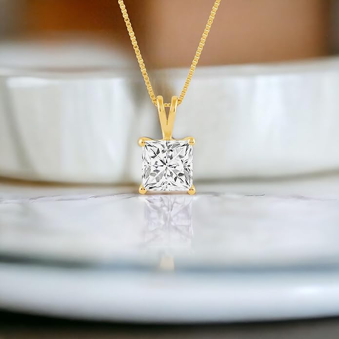 Everyday Elegance Solid 14K Gold Cubic Zirconia Solitaire Pendant Necklace for Women Heart, Princess, Round, Oval, Emerald, Pear & Cushion Cut 1 or 2 CTW | .60mm Thick 16" 18" Length Box Link Chain