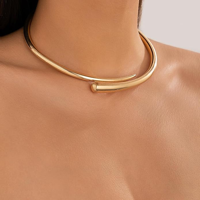 Chunky Choker Collar Necklace Gold Silver Metal Smooth Spring Open Teardrop Choker Statement Open Round Collar Necklace Trendy Minimalist Necklace for Women