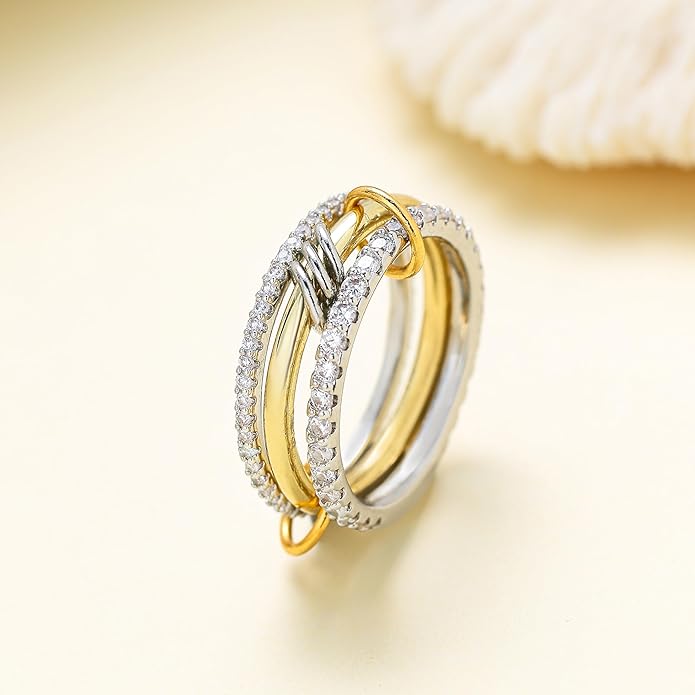 Canboer 14K Gold Plated Interlocked Stackable Rings for Women Non Tarnish,Gold and Silver Cubic Zirconia Statement Rings Set,Mixed Metals Ring Two-Toned Connected Bands Stacking Jewelry