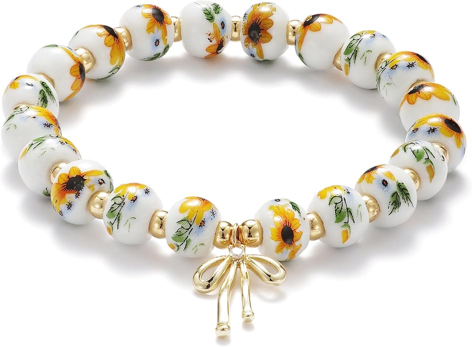 Beads Bow Charm Bracelet for Women Flower Vintage Bracelet Handmade Stretch Beaded Dainty Romantic Jewelry Gifts