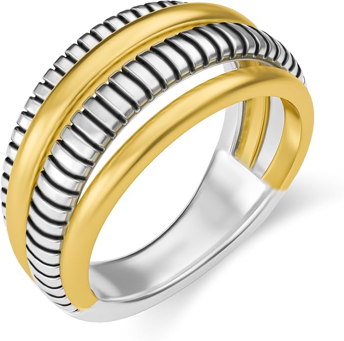 Two-Tone Wide Statement Ring for Women - Gold Silver Crossover Band with Ribbed Texture - Modern Fashion Jewelry Cocktail Ring - Mixed Metal Layered Design