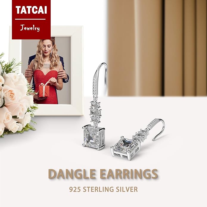 18K White Gold Plated Sterling Silver Asscher Cut Cubic Zirconia Dangle Earrings for Women Square CZ Diamond Drop Dangling Earrings for Women Mom