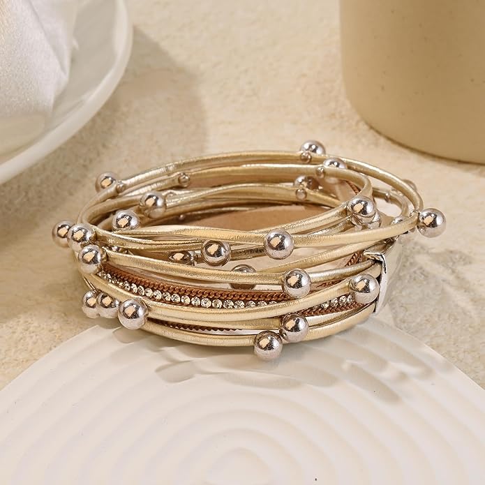 ENGCKSHI Wrapped Bracelets for Women,Leather Bracelet,Boho Bracelets for Women,Multi-Layer Pearl Crystal Bracelet Bangle Jewelry