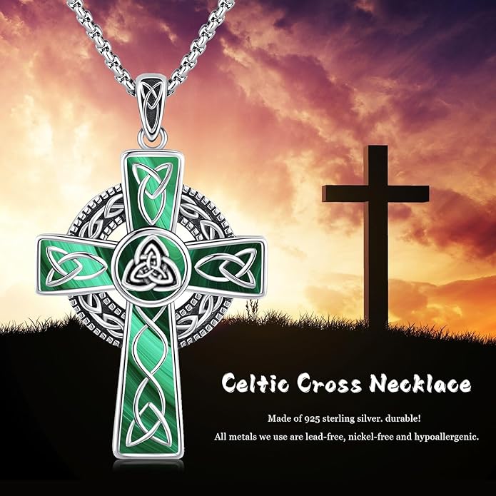 Midir&Etain Celtic Cross Necklace 925 Sterling Silver Cross Pendant Necklace Celtic Viking Irish Jewelry Religious Protective Gift for Men Women