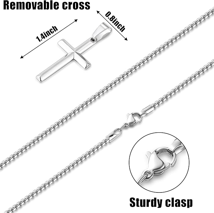 Fiusem Beveled Edge Cross Necklace for Men, Silver Tone/Black/14K Gold Plated Mens Cross Necklace, 2.5MM Stainless Steel Box Chain with Pendant