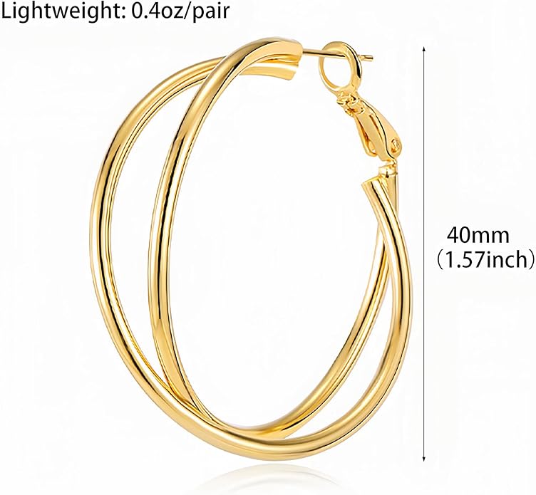 Gold Hoop Earrings for Women 18K Gold Plated - 40mm & 50mm Sizes, Double Layer/Twisted Styles, Hypoallergenic 925 Sterling Silver Posts, Lightweight Trendy Jewelry Gift