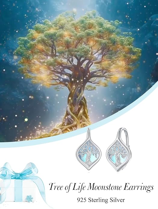 WINNICACA Leverback Earrings for Wonen 925 Sterling Silver Tree of Life Earrings Dangle Drop Turquoise Moonstone Moss Agate Heart Jewelry Gifts for Women Anniversary Birthday Christmas