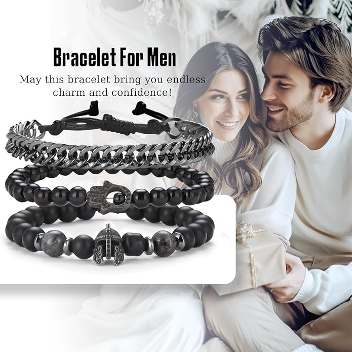 3pc Mens Beaded Bracelets Silver Stainless Steel Chain Bracelet for Men Handmade Braided Bracelet Sets Jewelry Gifts for Men