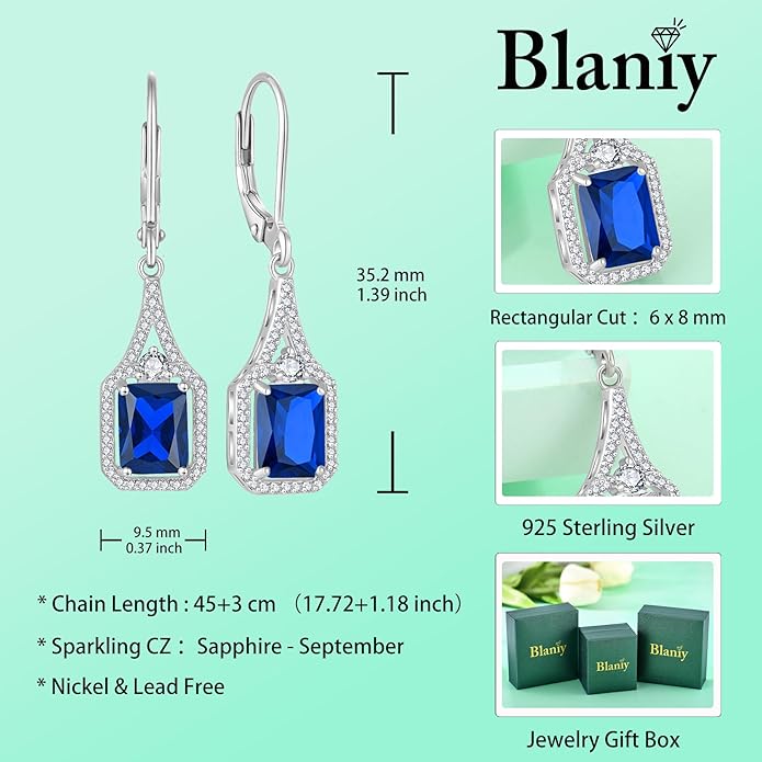 Emerald Cut Dangle Drop Earrings 925 Sterling Silver Halo Rectangular Leverback Earrings Birthstone Jewelry for Women