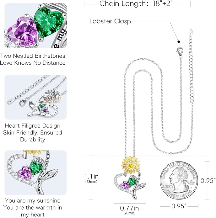 PERJI Valentine's Day Gifts for Women - 925 Sterling Silver Double Birthstone Sunflower Necklace, Anniversary Birthday Jewelry You are My Sunshine Gifts for Wife Couple Girlfriend 18"+2" Non Tarnish