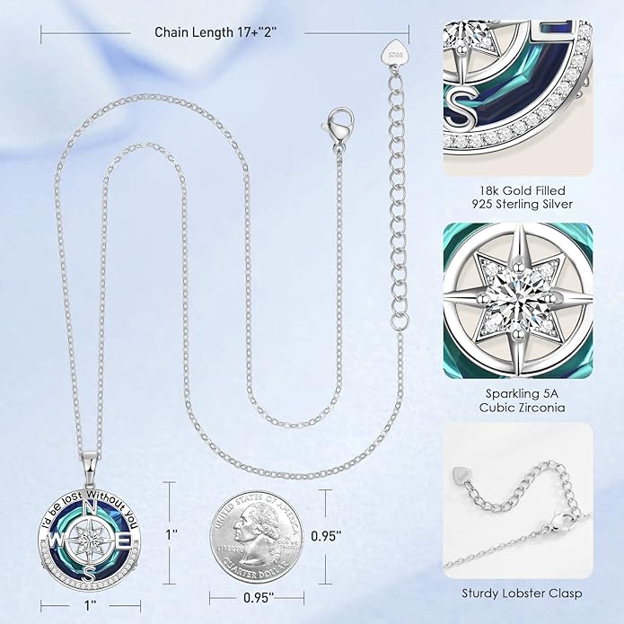 Compass Necklaces for Womens Jewelry for Wife Birthday Gift Ideas Wedding Anniversary Birthday Gifts for Her Gifts for Wife Sapphire Jewelry for Women, 18k Real Gold Filled S925 Sterling Silver Based