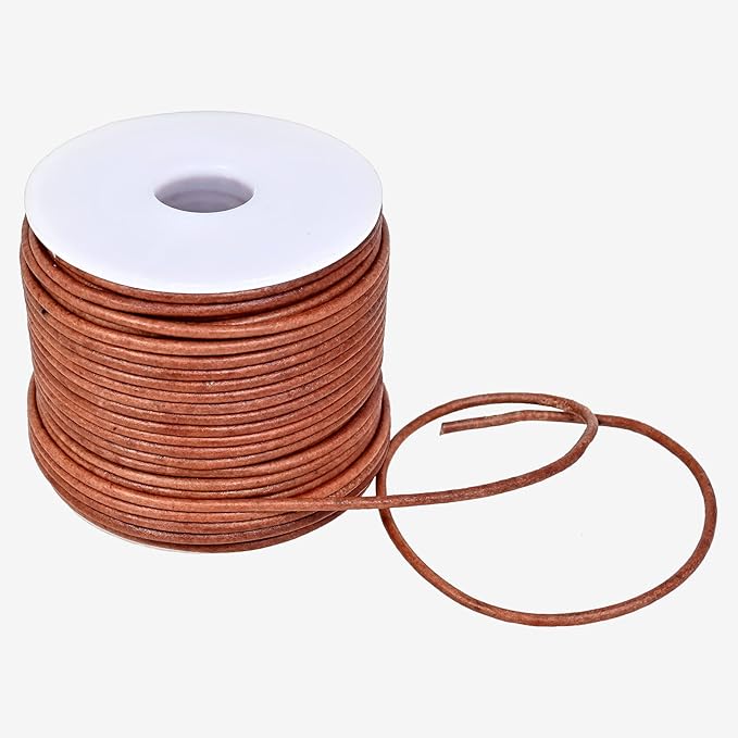 GENIQUE Real/Genuine Round Leather String Cord for Necklace, Bracelets, Jewelry, Kumihimo Braiding, DIY Projects (20 Metres) (1.5mm, Light Brown Distressed)