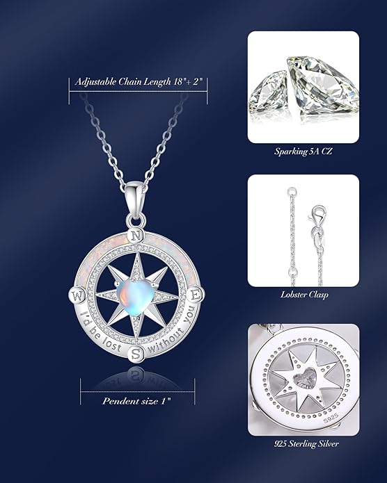 FANCIME Compass Necklace for Women Sterling Silver Compass Jewelry Opal Pendant Fine Jewelry Gemstone Birthday Mother's Day Gifts for Wife