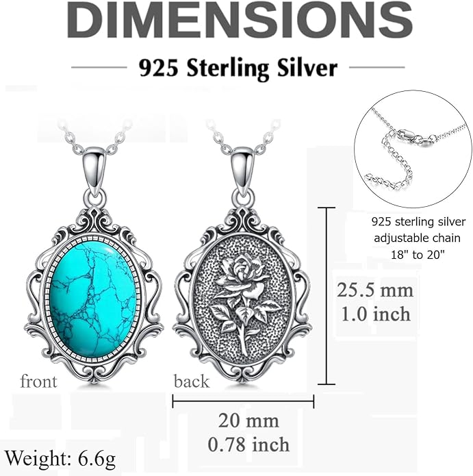 PELOVNY Rose Necklace 925 Sterling Silver Moonstone Turquoise Obsidian Necklace Victorian Cameo Rose Vintage Western Jewelry Christmas Valentines Day Gifts for Women