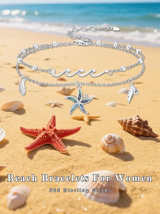 Sea Turtle/Dolphin/Starfish/Seashell/Compass Bracelet for Women 925 Sterling Silver Ocean Wave Anklet Summer Hawaiian Jewelry Gift for Her
