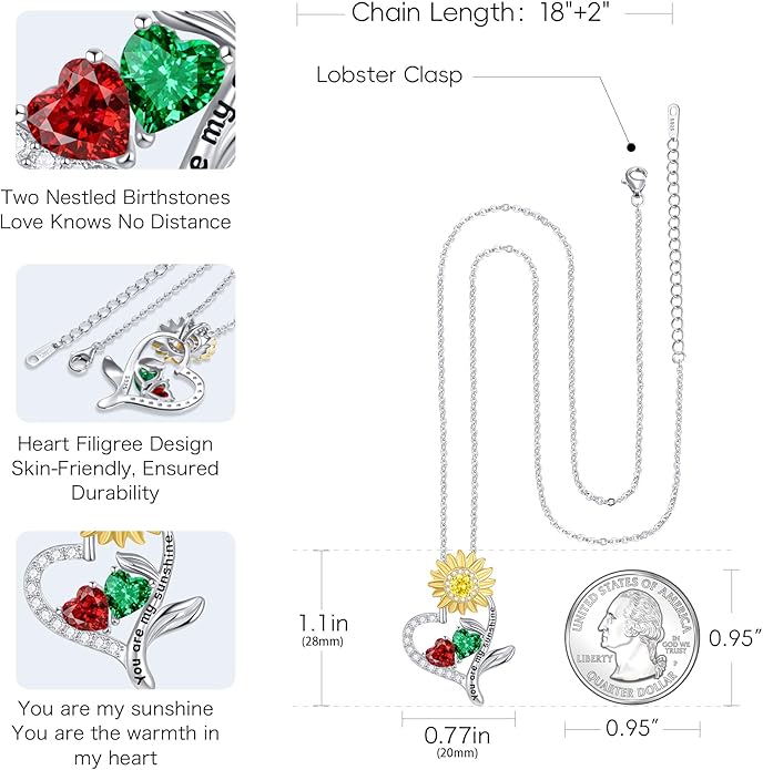 PERJI Valentine's Day Gifts for Women - 925 Sterling Silver Double Birthstone Sunflower Necklace, Anniversary Birthday Jewelry You are My Sunshine Gifts for Wife Couple Girlfriend 18"+2" Non Tarnish
