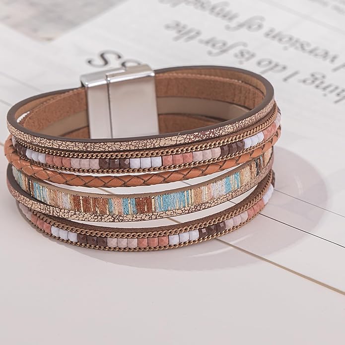 FANCY SHINY Boho Leather Wrap Bracelets Trendy Layered Bracelets with Magnetic Clasp Strackable Bohemian Jewelry Gifts for Women