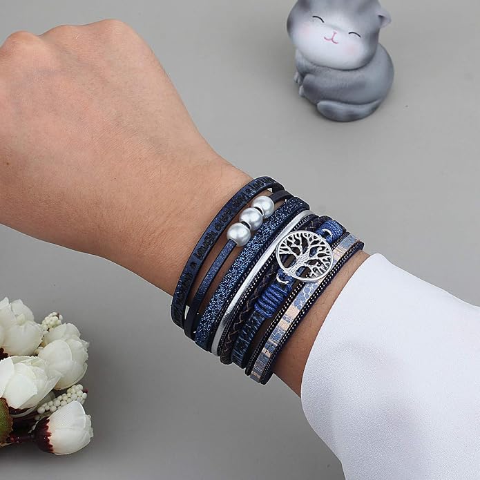 FANCY SHINY Tree of Life Leather Wrap Bracelet Inspirational Cuff Bangles Boho Pearl Bracelets with Magnetic Clasp Unique Jewelry Gifts for Women