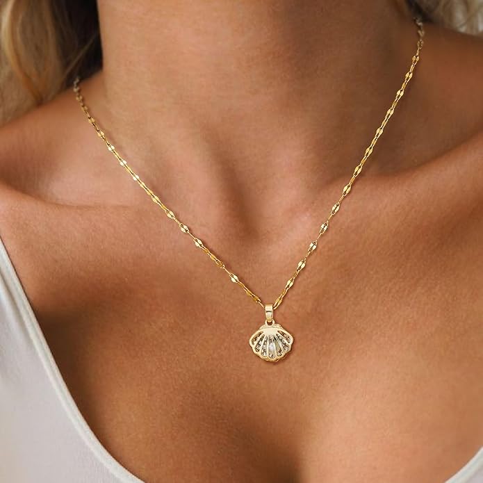 Shell Necklace for Women,14k Gold Plated Layered Starfish Conch SeaShell Pearl Pendant Charm Necklace,Non Tarnish Adjustable Stainless Steel Chain Stack Jewerly for Summer Beach Vacation
