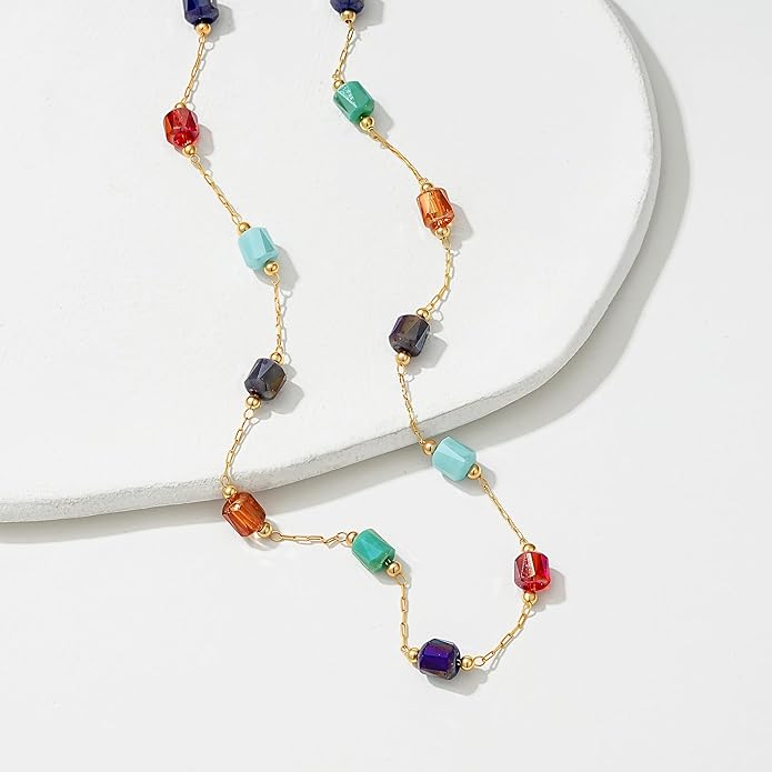 MTMY Beaded Necklaces for Women 14K Gold Plated Dainty Colorful Green/Rose Beaded Pearl Choker Necklace Delicate Boho Choker Necklace Jewelry Gift