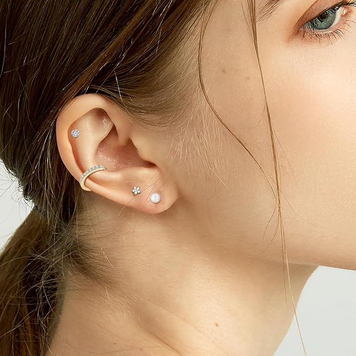 Gold Hoop Earrings for Women - 4 Pairs 14K Gold Plated Dainty Huggie Stacks Set for Multiple Piercing, Hypoallergenic Cartilage Earrings CZ Trendy Fashion Jewelry