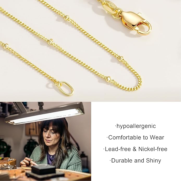 IEFWELL S925 Sterling Silver Chain Necklace for Women - 14K-Real-Gold-Plated 1.5mm Satellite Bead Chains Necklace, Hypoallergenic Sturdy Women's Chain Necklaces, 14/16/18/20/22/24 Inches Jewelry Gifts