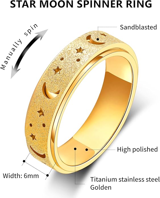AmorArtSky Anxiety Ring for Women Men, Titanium Stainless Steel Spinner Ring, 5 Colors, 6MM, Size 6-10, 3 Styles Anxiety Ring-Moon Star, Sandblasted Finished, Hollow Outer