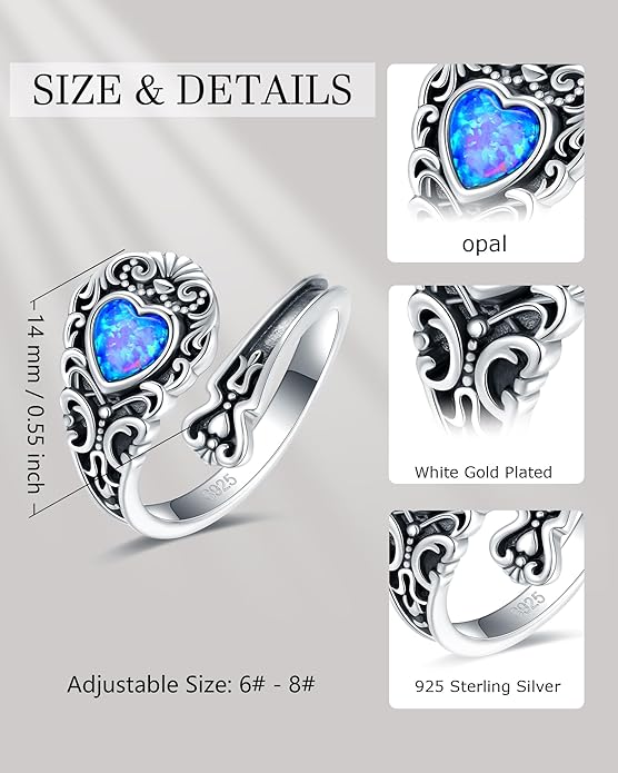S925-Sterling-Silver Abalone Dragonfly-Turquoise Spoon Ring - Vintage Boho Sunflower Thumb Oxidized Wrap Rings Victorian Style Antique Floral Jewelry Gifts for Women