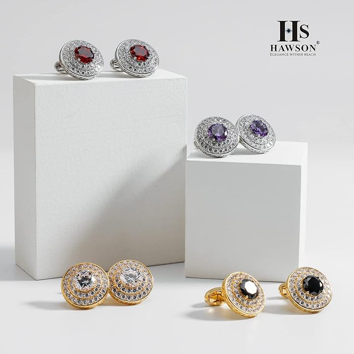 HAWSON Cufflinks for Men, Gold Diamond Crystal Cufflinks for Groom Husband Personalized Gifts, Mens Formal Wedding Business Cufflinks, Luxurious Gorgeous Cuff Links French Shirt Accessories