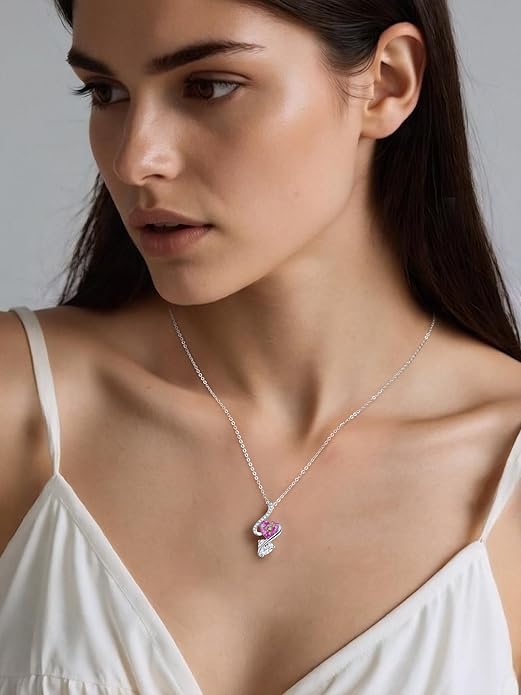 LOUISA SECRET 925 Sterling Silver Opal Birthstone Necklace, Unique Tiny Double Heart Pendant Jewelry, Engraved with "S925 I Love You" Best Birthday Gift for Women Wife Girlfriend Mom Her, Christmas Day Valentine's Day Anniversary Mother's Day