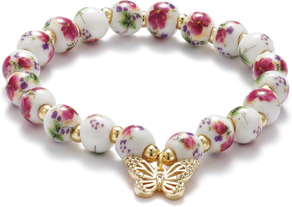 Beads Bow Charm Bracelet for Women Flower Vintage Bracelet Handmade Stretch Beaded Dainty Romantic Jewelry Gifts
