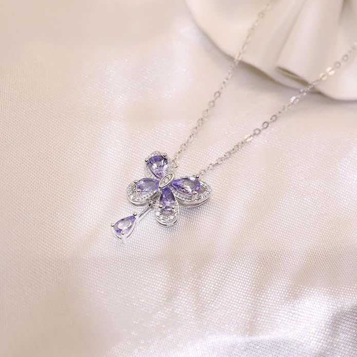 Pendant Necklaces for Women 925 Sterling Silver with Moissanite & Genuine Jewelry, Lucky Clover, Butterfly, Pink Crystal Heart Design, 14K White Gold Plated Nacklace, Mom Wife Women's Birthday Gifts