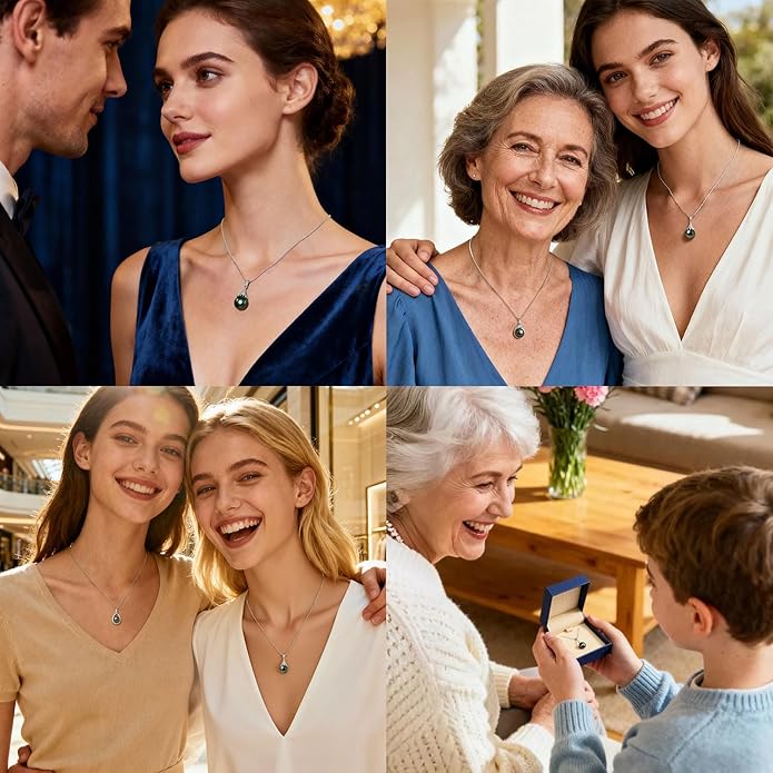 Genuine Tahitian Black Pearl Necklace for Women, 9-13mm AAAA Seawater Pearl - Sterling Silver Moissanite Pendant, Wedding Anniversary, Birthday, Christmas Gift for Wife, Mom, Girlfriend, Fine Jewelry