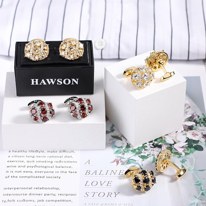 HAWSON Cufflinks for Men, Gold Diamond Crystal Cufflinks for Groom Husband Personalized Gifts, Mens Formal Wedding Business Cufflinks, Luxurious Gorgeous Cuff Links French Shirt Accessories